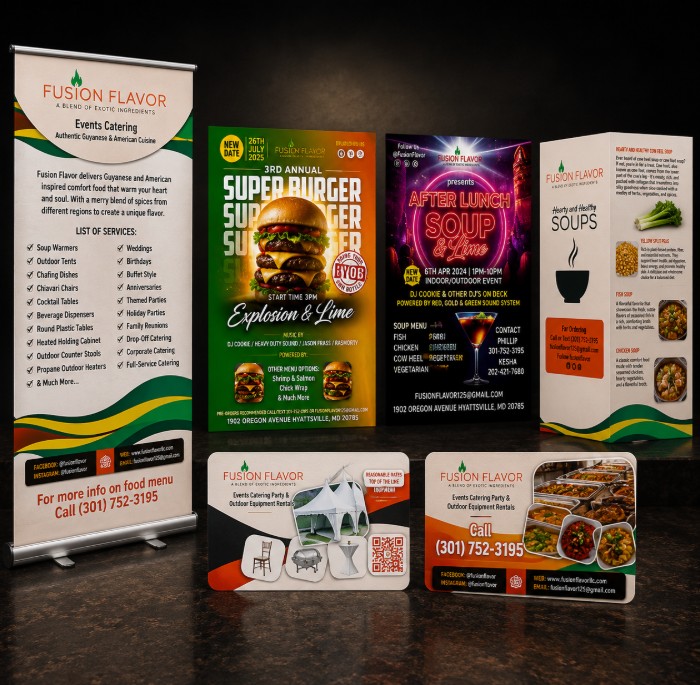 Fusion Flavor marketing materials including retractable banner, flyers, brochure, and business card designs displayed in a premium mockup