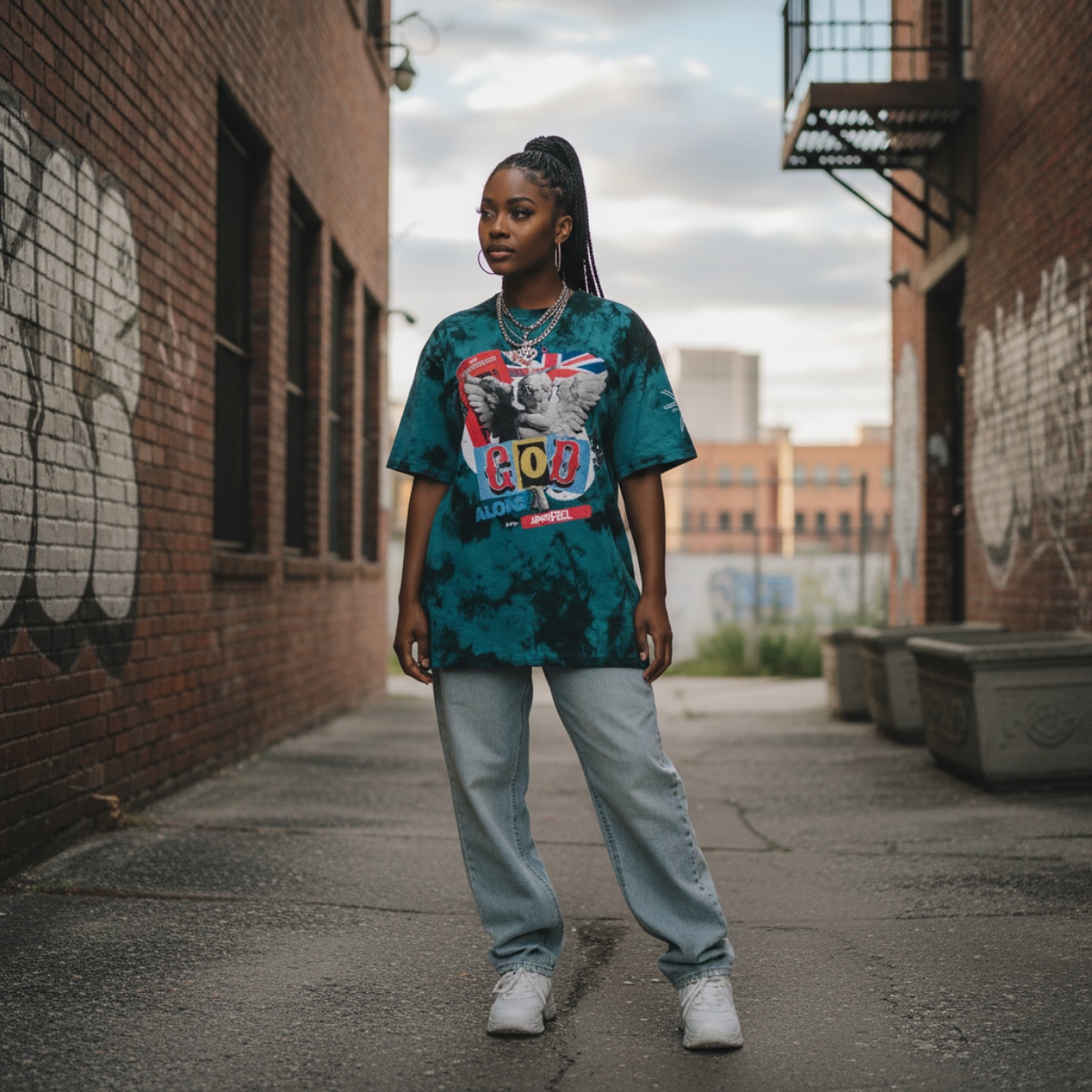 God Alone Apparel Angel Graphic Crystal Tie-Dye Tee in teal worn in an urban alley