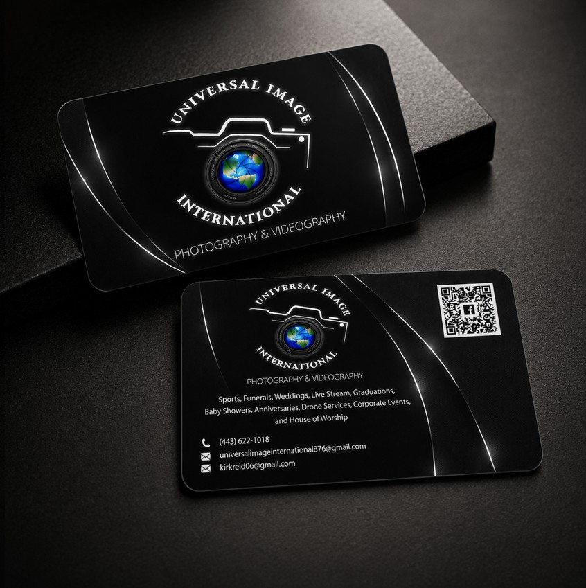 Universal Image International business card design featuring photography and videography branding